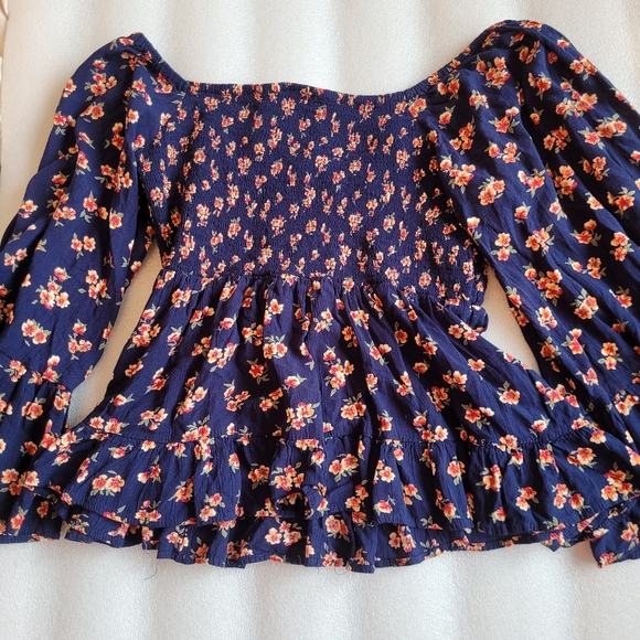 Boho Bell Sleeves Smocked Floral Print Top Ruffle Cottagecore Navy Blue XL - Picture 10 of 13